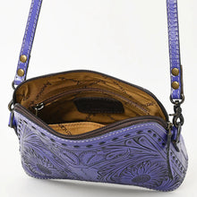 Load image into Gallery viewer, Western Purse, Hand Tooled Leather Purse, Western Leather Purse, Cowhide Purse, Purple Leather Purse, Small Leather Crossbody Purse
