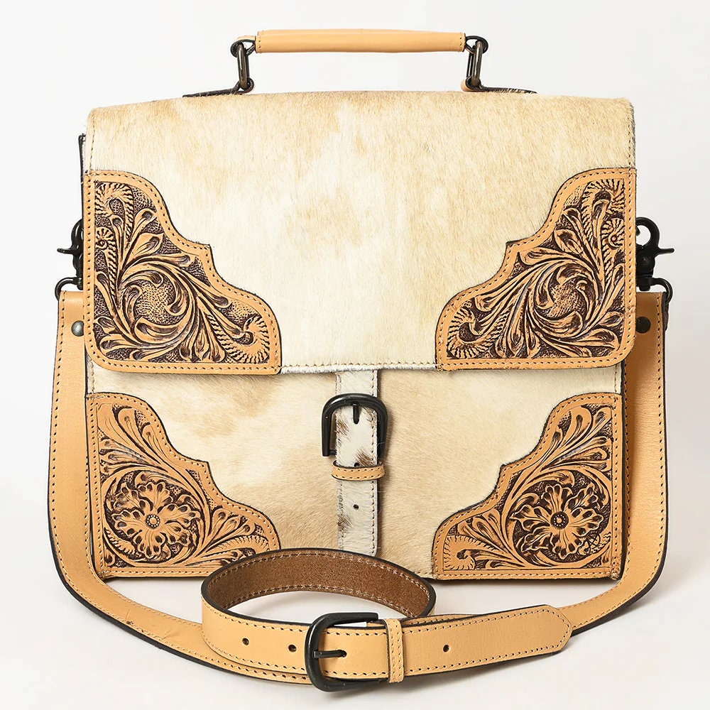 Western Purse, Western Tote Bag, Hand Tooled Leather Purse, Leather Briefcase, Laptop Bag, Hair On Cowhide Leather Work Bag