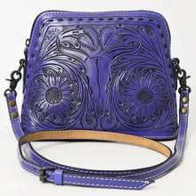 Load image into Gallery viewer, Western Purse, Hand Tooled Leather Purse, Western Leather Purse, Cowhide Purse, Purple Leather Purse, Small Leather Crossbody Purse
