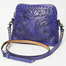 Load image into Gallery viewer, Western Purse, Hand Tooled Leather Purse, Western Leather Purse, Cowhide Purse, Purple Leather Purse, Small Leather Crossbody Purse
