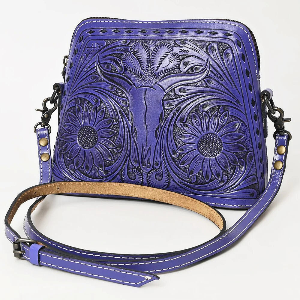 Western Purse, Hand Tooled Leather Purse, Western Leather Purse, Cowhide Purse, Purple Leather Purse, Small Leather Crossbody Purse