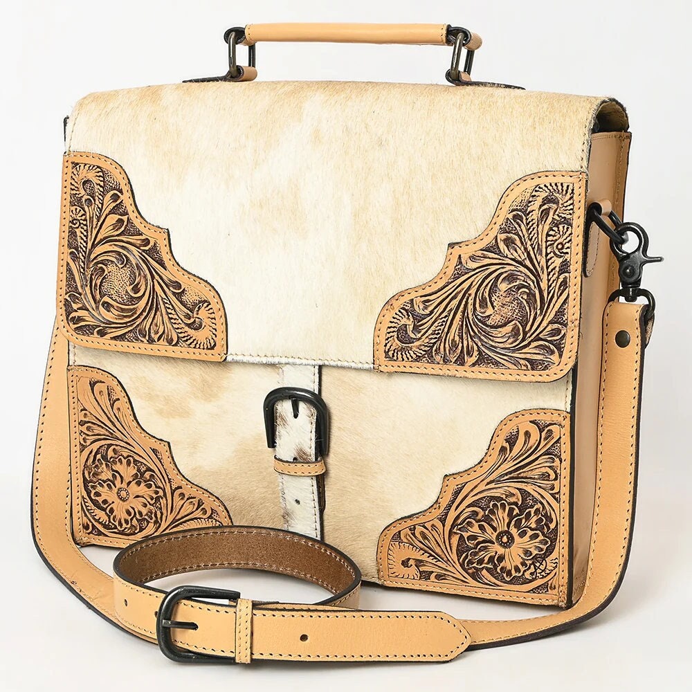 Western Purse, Western Tote Bag, Hand Tooled Leather Purse, Leather Briefcase, Laptop Bag, Hair On Cowhide Leather Work Bag