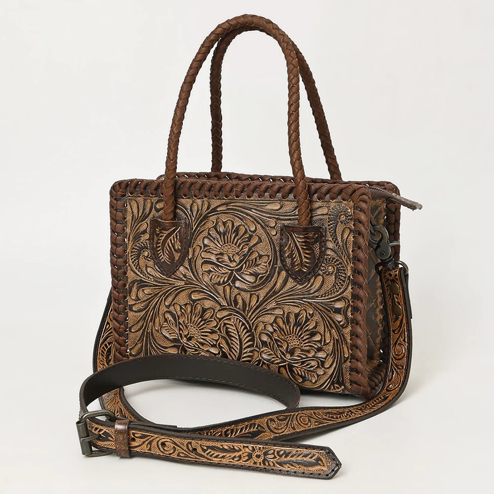 Western Hand Tooled Leather Purse, Western Tote Bag, Small Western Leather Purse, Genuine Cowhide Leather Purse, Western Crossbody Purse