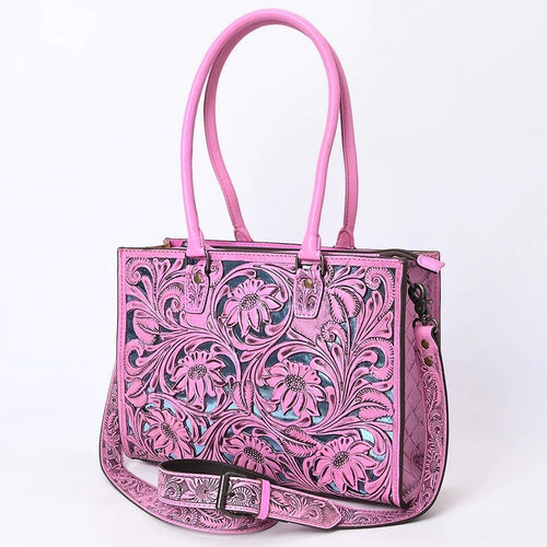 Western Hand Tooled Leather Purse, Western Tote Bag, Conceal Carry Purse, Cowhide Purse, Genuine Pink Leather Purse, Western Crossbody Purse