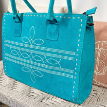 Load image into Gallery viewer, Western Purse, Turquoise Suede Leather Purse, Boot Stitch Detail, Leather Purse, Suede Purse, Western Tote Bag, Western Crossbody Purse
