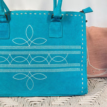 Load image into Gallery viewer, Western Purse, Turquoise Suede Leather Purse, Boot Stitch Detail, Leather Purse, Suede Purse, Western Tote Bag, Western Crossbody Purse
