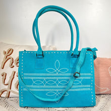 Load image into Gallery viewer, Western Purse, Turquoise Suede Leather Purse, Boot Stitch Detail, Leather Purse, Suede Purse, Western Tote Bag, Western Crossbody Purse
