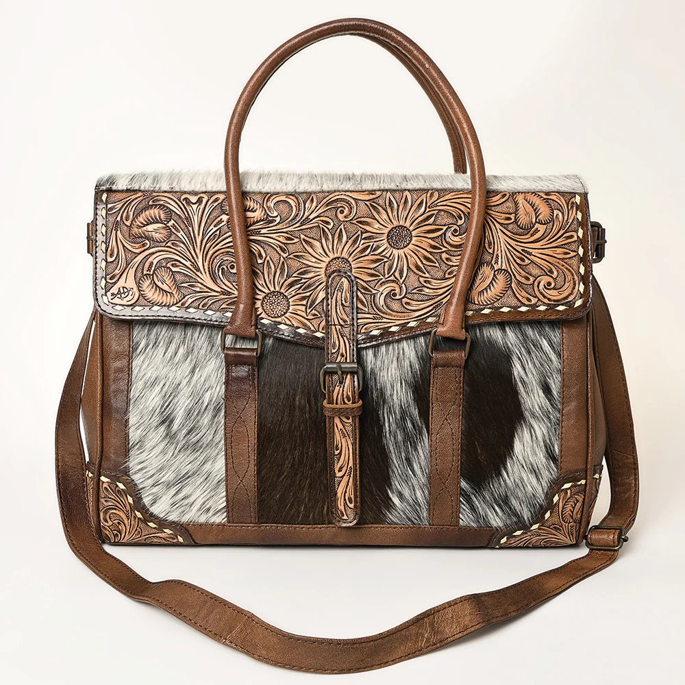 Western Purse, Western Tote Bag, Hand Tooled Leather Purse, Leather Briefcase, Laptop Bag, Hair On Cowhide Leather Work Bag