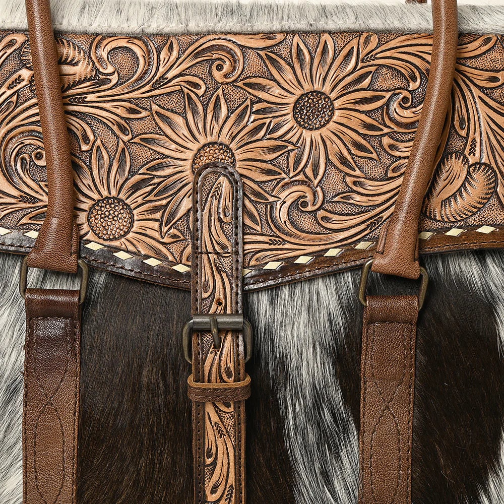 Western Purse, Western Tote Bag, Hand Tooled Leather Purse, Leather Briefcase, Laptop Bag, Hair On Cowhide Leather Work Bag