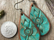 Load image into Gallery viewer, Hand Tooled Leather Earrings, Leather Teardrop Earrings, Turquoise Leather Earrings, Boho Vintage Western Earrings, Dangle Earrings
