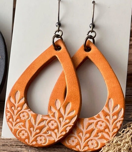 Hand Tooled Leather Earrings, Leather Teardrop Earrings, Tan Earrings, Floral Earrings, Western Earrings, Boho Earrings, Dangle Earrings