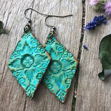 Load image into Gallery viewer, Hand Tooled Leather Earrings, Leather Diamond Shaped Earrings, Green Floral Earrings, Western Earrings, Boho Earrings, Dangle Earrings
