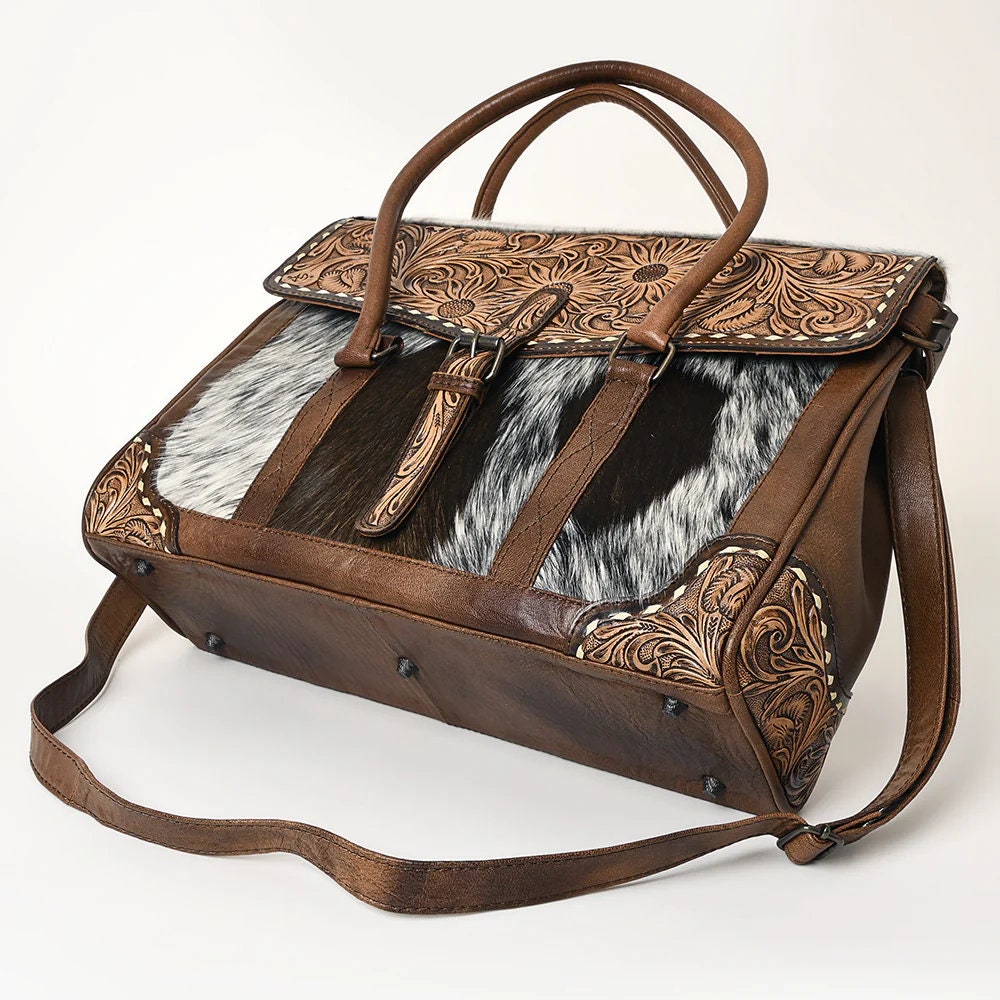 Western Purse, Western Tote Bag, Hand Tooled Leather Purse, Leather Briefcase, Laptop Bag, Hair On Cowhide Leather Work Bag