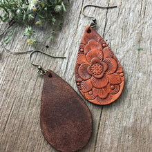 Load image into Gallery viewer, Hand Tooled Leather Earrings, Leather Teardrop Earrings, Mandala Earrings, Brown Earrings, Western Earrings, Boho Earrings, Dangle Earrings
