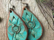 Load image into Gallery viewer, Hand Tooled Leather Earrings, Leather Teardrop Earrings, Turquoise Leather Earrings, Boho Vintage Western Earrings, Dangle Earrings
