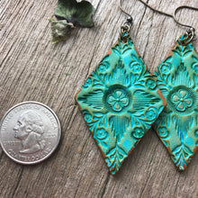 Load image into Gallery viewer, Hand Tooled Leather Earrings, Leather Diamond Shaped Earrings, Green Floral Earrings, Western Earrings, Boho Earrings, Dangle Earrings
