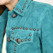 Load image into Gallery viewer, Western Suede Leather Jacket, Western Jacket, Turquoise Suede Leather Coat, Womens Leather Jacket, Womens Sport Coat
