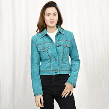 Load image into Gallery viewer, Western Suede Leather Jacket, Western Jacket, Turquoise Suede Leather Coat, Womens Leather Jacket, Womens Sport Coat
