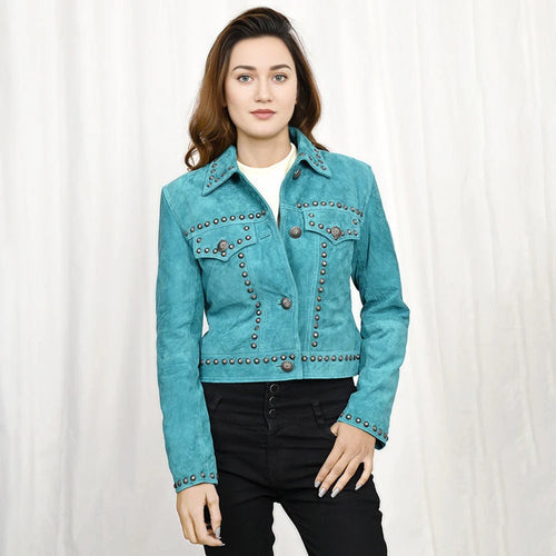 Western Suede Leather Jacket, Western Jacket, Turquoise Suede Leather Coat, Womens Leather Jacket, Womens Sport Coat