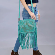 Load image into Gallery viewer, Western Purse, Leather Fringe Crossbody Purse, Jeweled Western Leather Crossbody Purse, Genuine Cowhide Leather Purse
