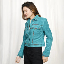 Load image into Gallery viewer, Western Suede Leather Jacket, Western Jacket, Turquoise Suede Leather Coat, Womens Leather Jacket, Womens Sport Coat
