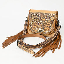 Load image into Gallery viewer, Hand Tooled Leather Purse, Western Purse, Cute Leather Purse, Genuine Cowhide handbag, Leather Fringe Purse, Western Leather Crossbody
