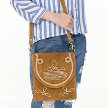 Load image into Gallery viewer, Western Purse, Tan Suede Leather Purse, Boot Stitch Detail, Leather Messenger Purse, Suede Purse, Western Tote Bag, Western Crossbody Purse
