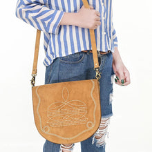 Load image into Gallery viewer, Western Purse, Tan Suede Leather Purse, Boot Stitch Detail, Leather Messenger Purse, Suede Purse, Western Tote Bag, Western Crossbody Purse
