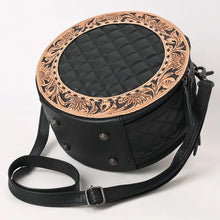 Load image into Gallery viewer, Western Hand Tooled Leather Canteen Purse, Hand Painted Black Leather Purse, Cowhide Leather Bag, Genuine Western Leather Crossbody Purse
