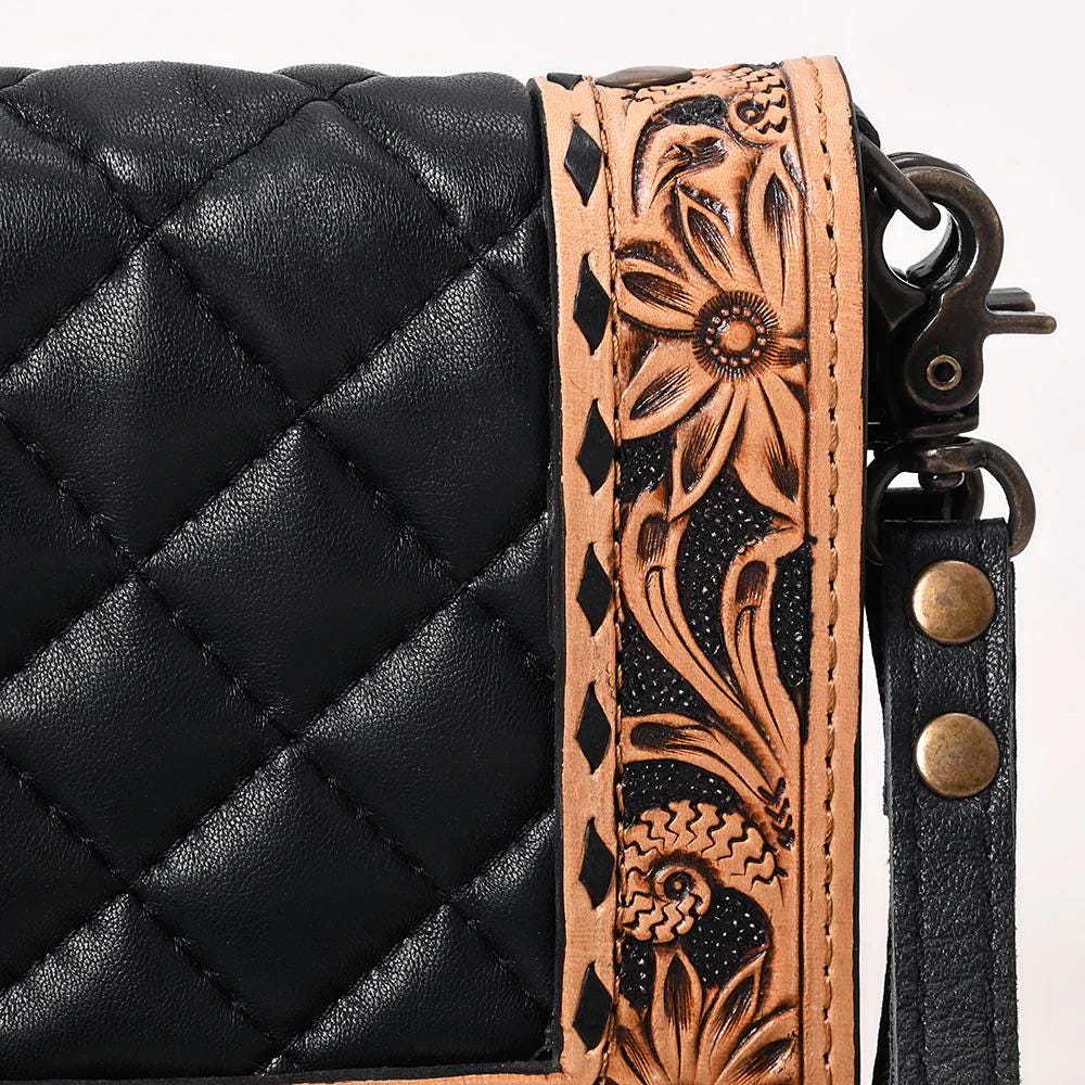 Western Leather Wallet Purse, Hand Tooled Leather Wallet, Crossbody Purse, Leather Wallet, Genuine Leather, Black Leather Organizer Wallet