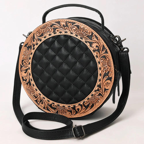 Western Hand Tooled Leather Canteen Purse, Hand Painted Black Leather Purse, Cowhide Leather Bag, Genuine Western Leather Crossbody Purse