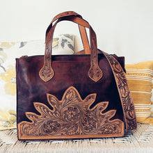 Load image into Gallery viewer, Calico Hand Tooled Leather Tote Bag
