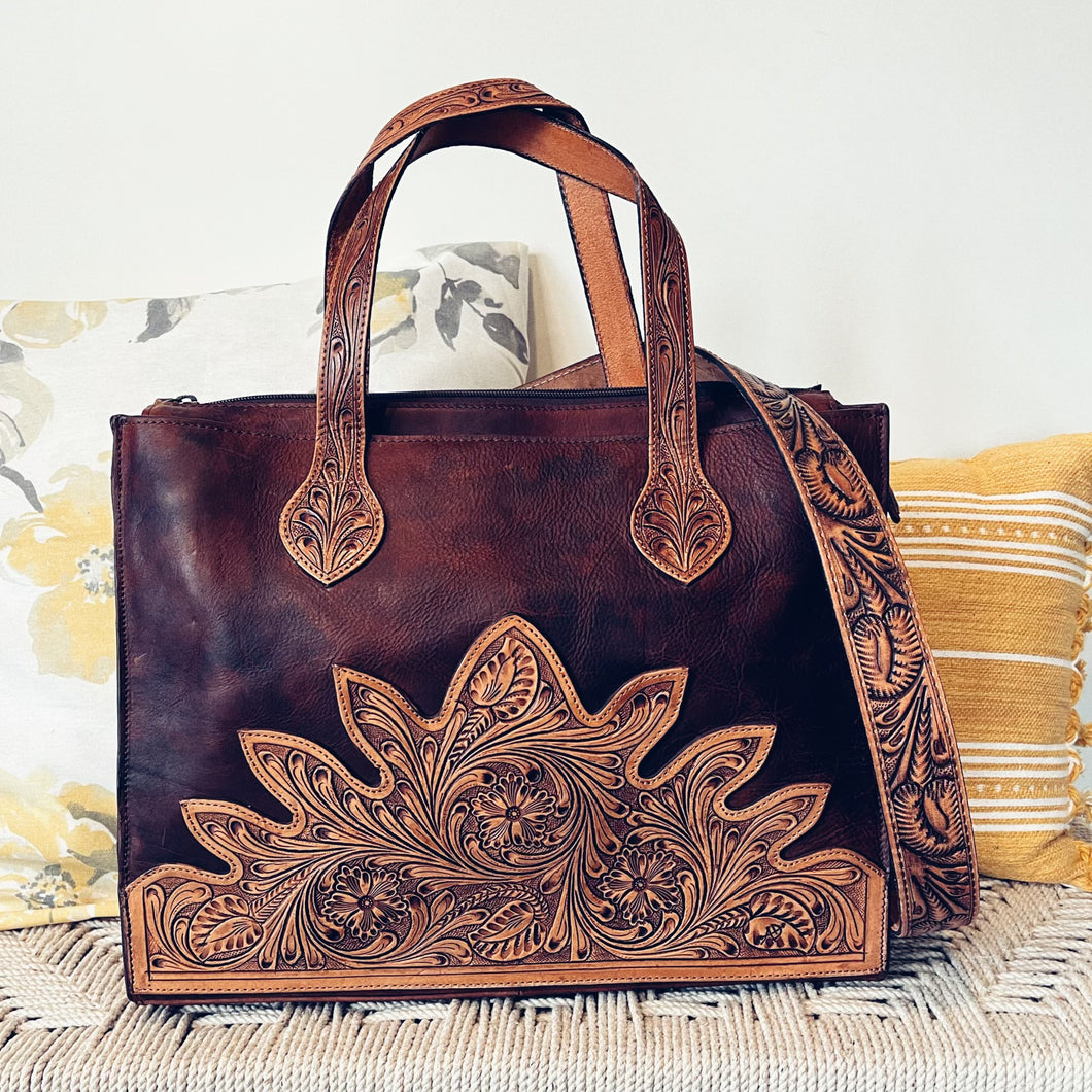 Calico Hand Tooled Leather Tote Bag