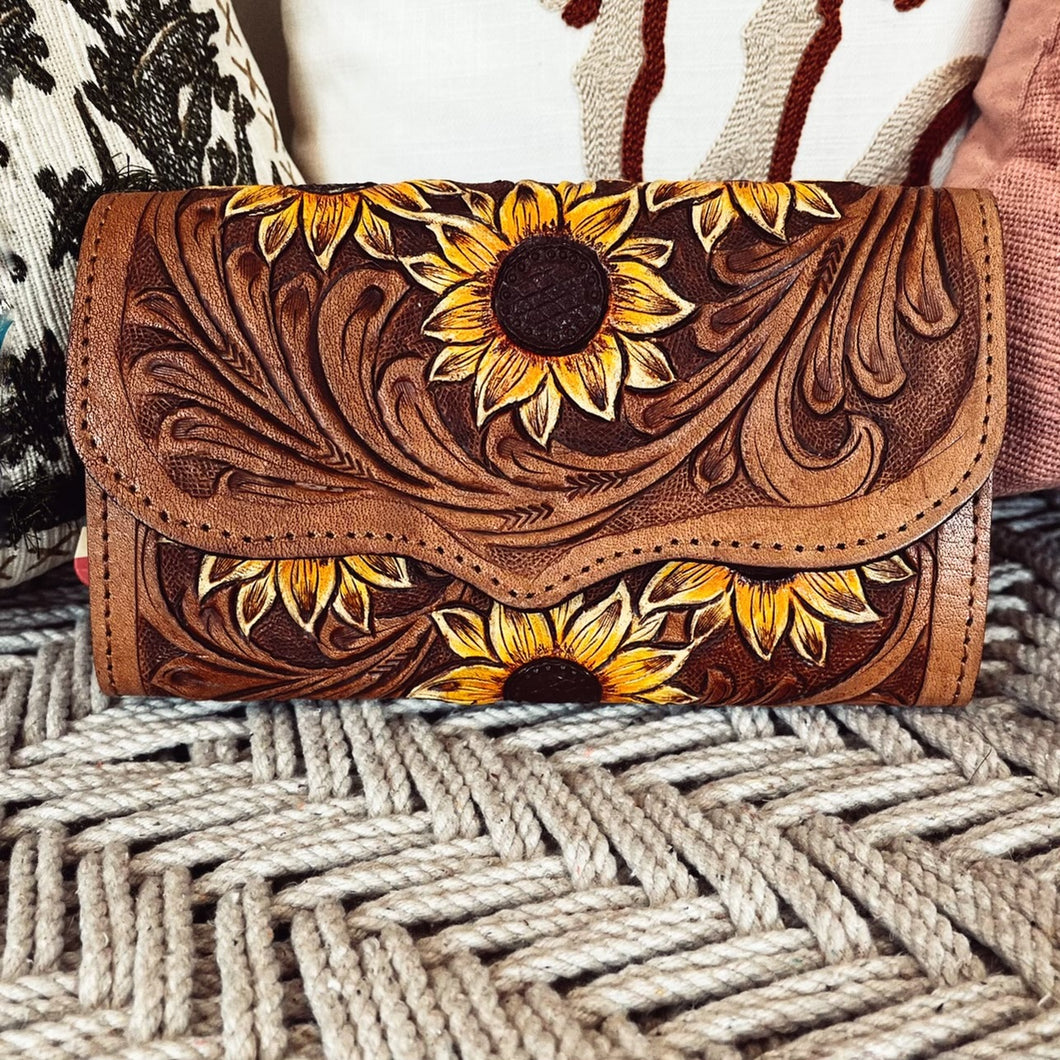 Sunflower Fields Hand Tooled  Leather Wallet