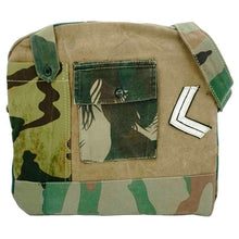 Load image into Gallery viewer, Vintage Military Bag, Camouflage Bag, Recycled Military, Upcycled Canvas, Military Messenger, Genuine Leather, Canvas Bag, Military Patches
