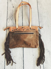 Load image into Gallery viewer, Western Hand Tooled Leather, Cowhide Purse Crossbody bag, Genuine Cowhide, Western Purse, Hair On Hide Purse, Leather Fringe
