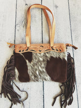 Load image into Gallery viewer, Western Hand Tooled Leather, Cowhide Purse Crossbody bag, Genuine Cowhide, Western Purse, Hair On Hide Purse, Leather Fringe
