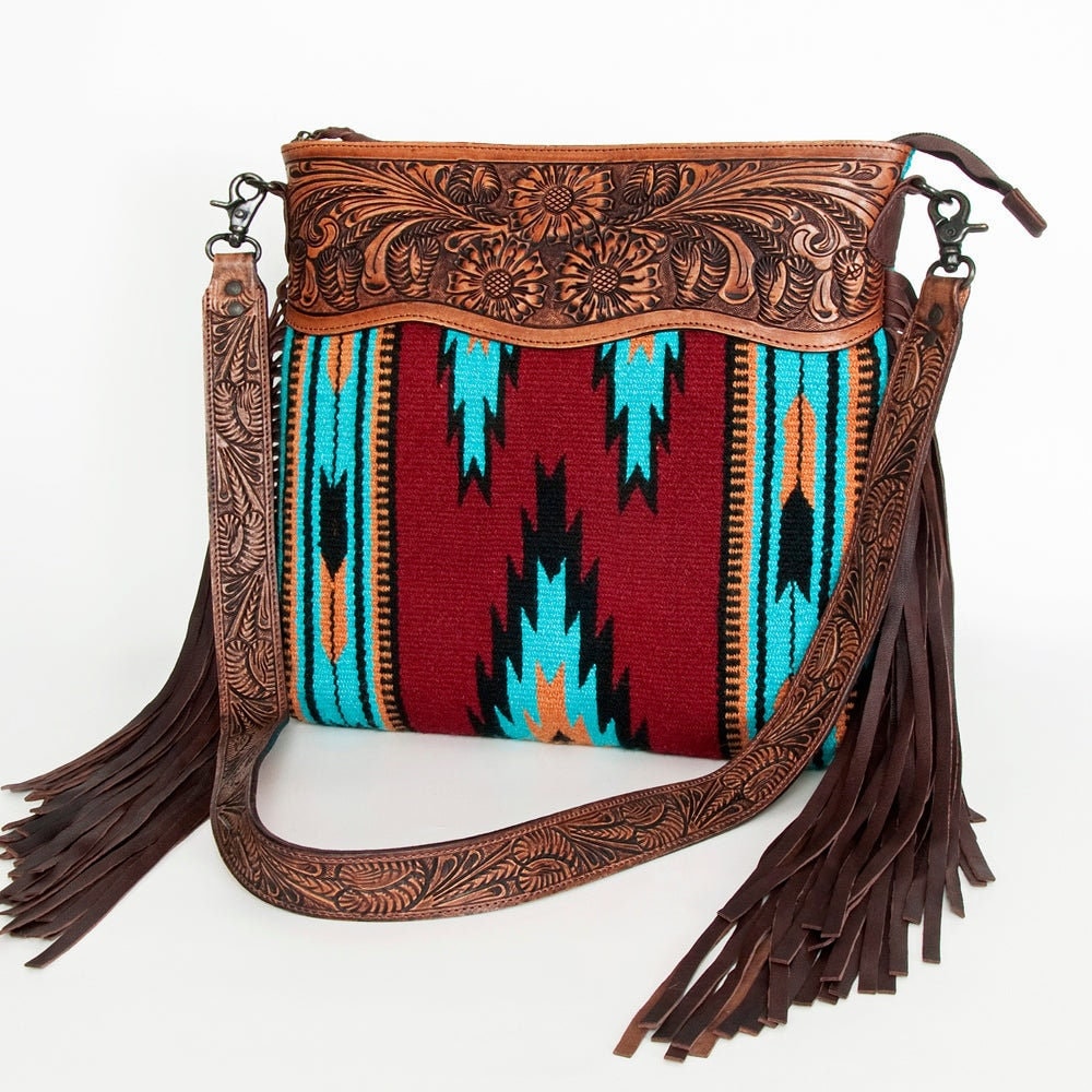 Western Hand Tooled Leather Purse, Cowhide Purse Crossbody bag, Saddle Blanket Bag, Genuine Cowhide, Western Purse, Leather Fringe