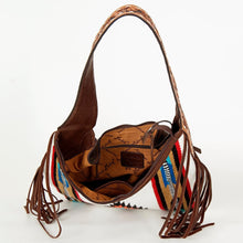 Load image into Gallery viewer, Western Hand Tooled Leather Purse, Aztec, Cowhide Purse, Leather Hobo Purse, Saddle Blanket, Genuine Cowhide, Western Purse, Leather Fringe
