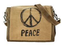 Load image into Gallery viewer, Peace Symbol Bag, Recycled Military Tent Bag, Recycled Canvas tote, Vintage Fabric, Military Gift, Military Wife Gift, Upcycled Canvas Bag
