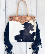 Load image into Gallery viewer, Western Hand Tooled Leather, Cow hide Purse Crossbody bag, Genuine Cow Hide, Western Purse, Hair On Hide Purse, Leather Fringe
