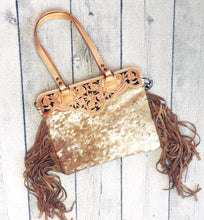 Load image into Gallery viewer, Western Hand Tooled Leather, Cowhide Purse Crossbody bag, Genuine Cowhide, Western Purse, Hair On Hide Purse, Leather Fringe
