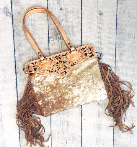 Western Hand Tooled Leather, Cowhide Purse Crossbody bag, Genuine Cowhide, Western Purse, Hair On Hide Purse, Leather Fringe