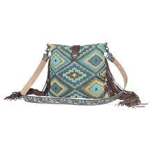 Load image into Gallery viewer, Myra Bag, Western Hand Tooled Leather Purse, Genuine Cowhide Purse, Canvas Purse, Boho Chic, Leather Fringe, Aztec Design
