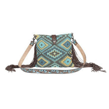 Load image into Gallery viewer, Myra Bag, Western Hand Tooled Leather Purse, Genuine Cowhide Purse, Canvas Purse, Boho Chic, Leather Fringe, Aztec Design
