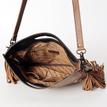 Load image into Gallery viewer, Western Hand Tooled Leather, Cowhide Purse Crossbody bag, Genuine Cowhide, Western Purse, Hair On Hide Purse, Leather Fringe
