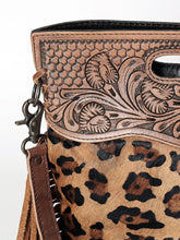 Load image into Gallery viewer, Western Hand Tooled Leather, Cowhide Purse Crossbody bag, Genuine Cowhide, Western Purse, Hair On Hide Purse, Leather Fringe

