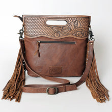 Load image into Gallery viewer, Western Hand Tooled Leather, Cowhide Purse Crossbody bag, Genuine Cowhide, Western Purse, Hair On Hide Purse, Leather Fringe
