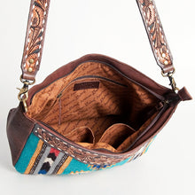 Load image into Gallery viewer, Western Purse Bag Crossbody, Hand Tooled Leather Strap, Aztec Purse, Southwest Saddle Blanket, Genuine Leather, Concealed Carry Purse
