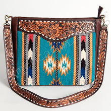 Load image into Gallery viewer, Western Purse Bag Crossbody, Hand Tooled Leather Strap, Aztec Purse, Southwest Saddle Blanket, Genuine Leather, Concealed Carry Purse
